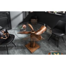 Dizajnový jedálenský stôl Propeller 94 cm kov sklo flambovaný medený